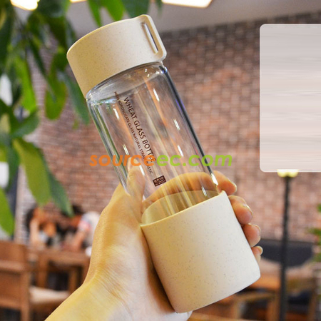 Customization 300ML Wheat Straw Portable High Borosilicate Glass Cup Promotional Products