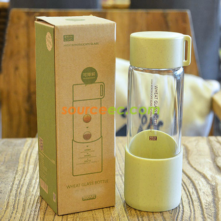 Customization 300ML Wheat Straw Portable High Borosilicate Glass Cup Promotional Products