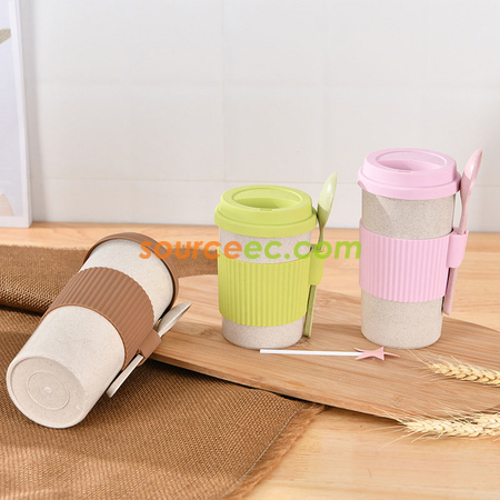 Customization 350ML Wheat Straw Coffee Cup with Spoon Promotional Products