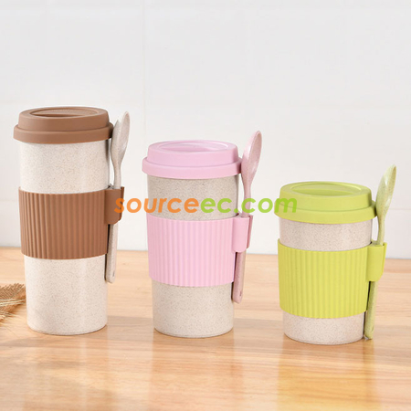 Customization 350ML Wheat Straw Coffee Cup with Spoon Promotional Products