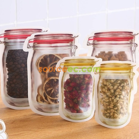 Customization Reusable Mason Bottle Shape Zip-Lock Food Storage Bag Promotional Products