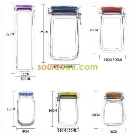 Customization Reusable Mason Bottle Shape Zip-Lock Food Storage Bag Promotional Products