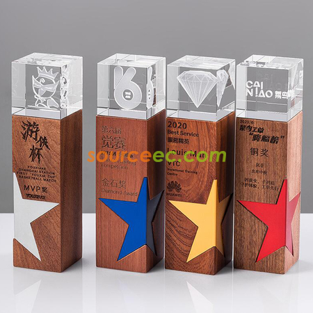 Customization Star Solid Wood Crystal Trophy Promotional Products
