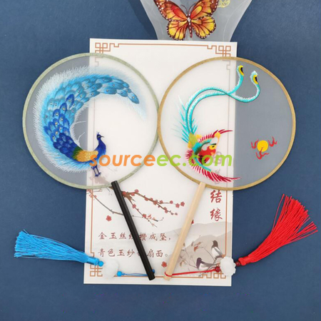 Customization Double Sided Embroidered Long Handle Round Fan Promotional Products