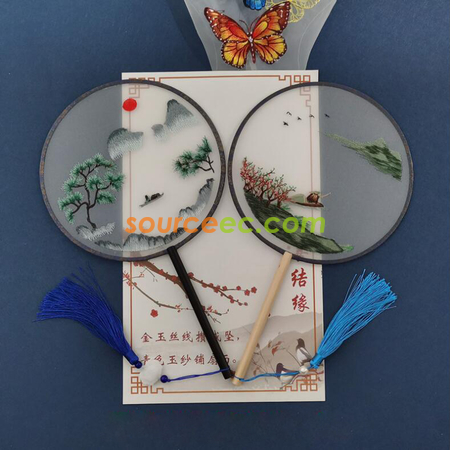 Customization Double Sided Embroidered Long Handle Round Fan Promotional Products