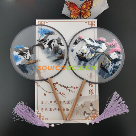 Customization Double Sided Embroidered Long Handle Round Fan Promotional Products