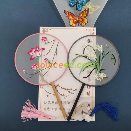 Customization Double Sided Embroidered Long Handle Round Fan Promotional Products