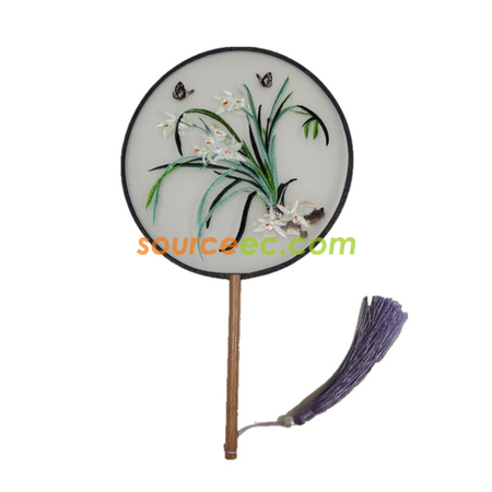 Customization Double Sided Embroidered Long Handle Round Fan Promotional Products
