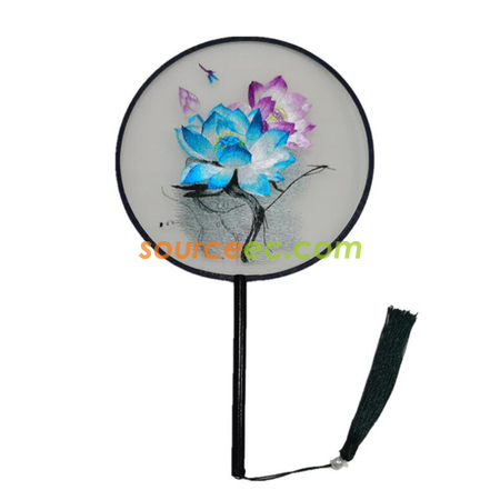 Customization Double Sided Embroidered Long Handle Round Fan Promotional Products