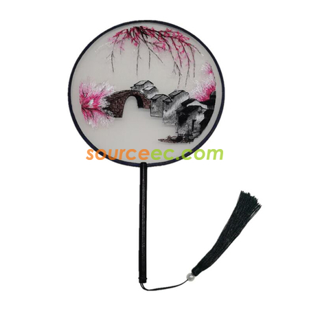 Customization Double Sided Embroidered Long Handle Round Fan Promotional Products