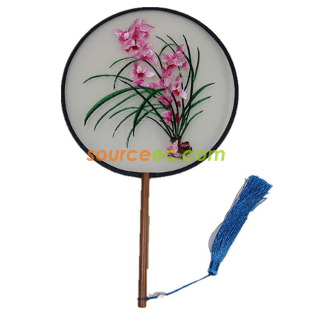Customization Double Sided Embroidered Long Handle Round Fan Promotional Products