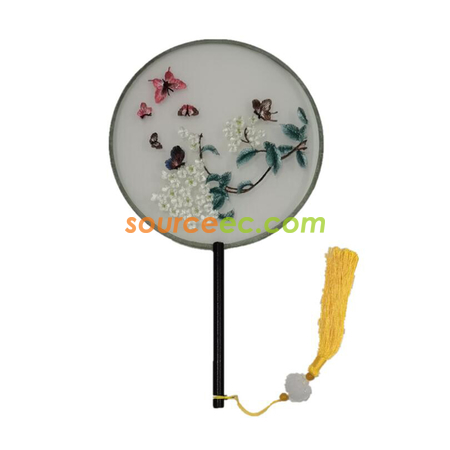 Customization Double Sided Embroidered Long Handle Round Fan Promotional Products