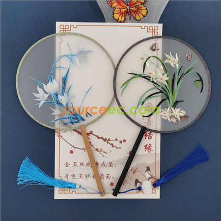 Customization Double Sided Embroidered Long Handle Round Fan Promotional Products