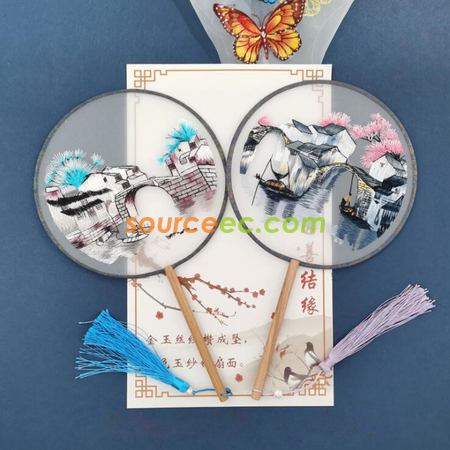 Customization Double Sided Embroidered Long Handle Round Fan Promotional Products