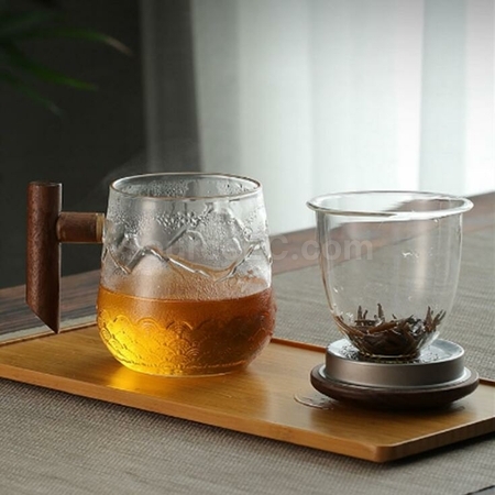 Customization High Borosilicate Glass Wooden Handle Mountain And Sea Texture Tea Cup Promotional Products