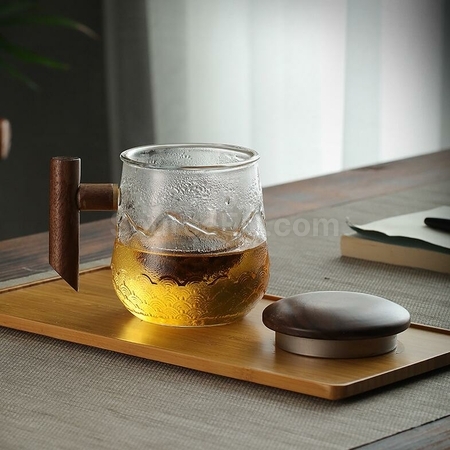 Customization High Borosilicate Glass Wooden Handle Mountain And Sea Texture Tea Cup Promotional Products