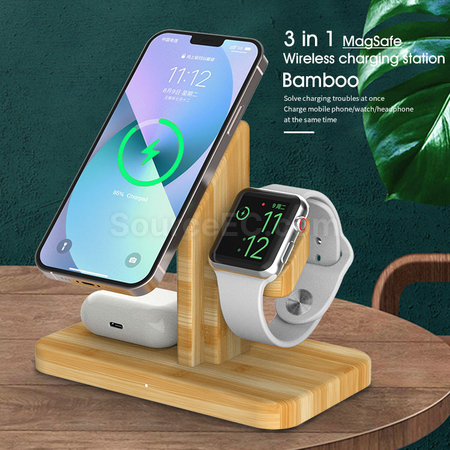 Customization Bamboo Wood Three-In-One Magnetic Charging Stand Promotional Products