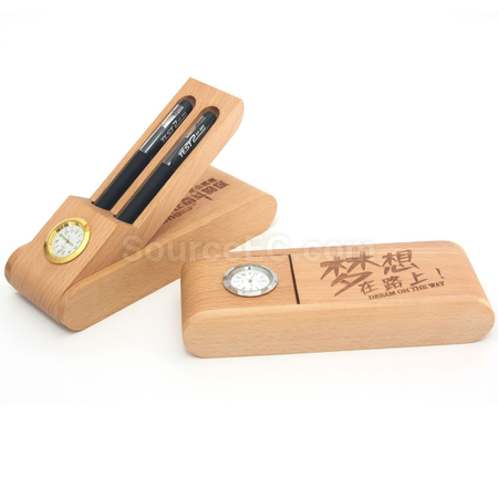 Customization Multipurpose Wooden Pen and Pencil Stand with Quartz Clock Promotional Products