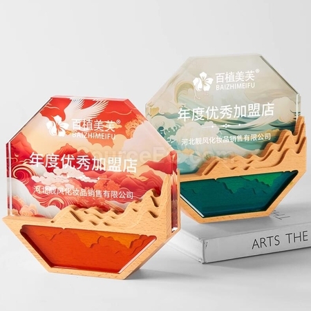 Customization Octagonal Crystal Color Printed Solid Wood Trophy Promotional Products