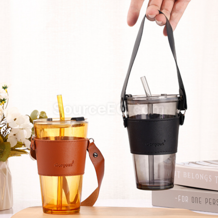 Customization Straw glass cup with lid leather cover handle Promotional Products