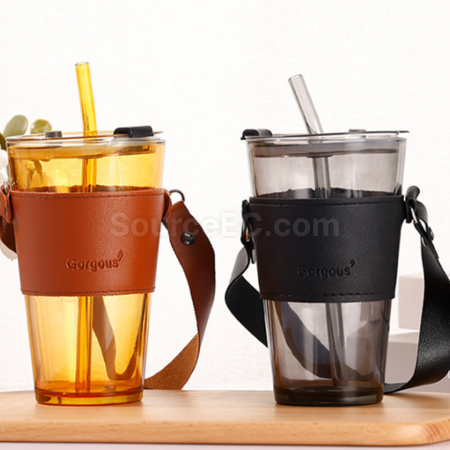 Customization Straw glass cup with lid leather cover handle Promotional Products
