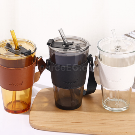 Customization Straw glass cup with lid leather cover handle Promotional Products