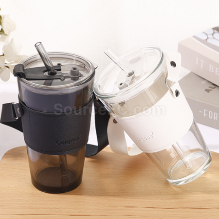 Customization Straw glass cup with lid leather cover handle Promotional Products