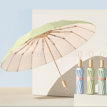 Customization 16 Bone Wooden Handle Sun Protection Tri-Fold Folding Umbrella Promotional Products