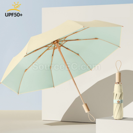 Customization 16 Bone Wooden Handle Sun Protection Tri-Fold Folding Umbrella Promotional Products