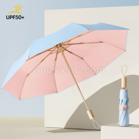 Customization 16 Bone Wooden Handle Sun Protection Tri-Fold Folding Umbrella Promotional Products