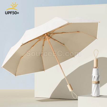 Customization 16 Bone Wooden Handle Sun Protection Tri-Fold Folding Umbrella Promotional Products