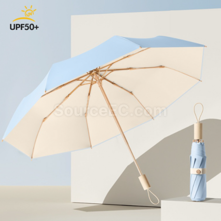 Customization 16 Bone Wooden Handle Sun Protection Tri-Fold Folding Umbrella Promotional Products