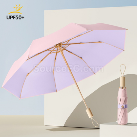 Customization 16 Bone Wooden Handle Sun Protection Tri-Fold Folding Umbrella Promotional Products