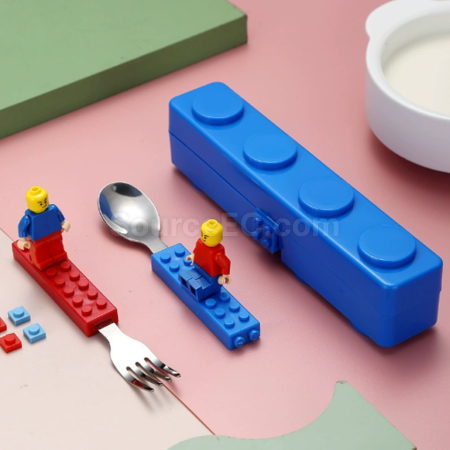 Customization Silicone building block handle, stainless steel knife fork spoon three piece set Promotional Products