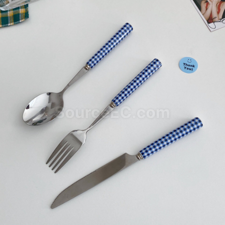 Customization Ceramic Handle Grid Style Stainless Steel Tableware Promotional Products