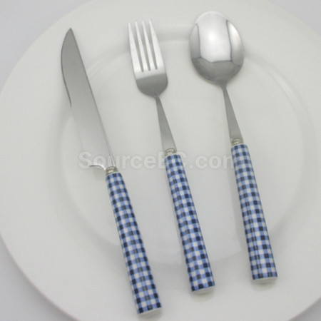 Customization Ceramic Handle Grid Style Stainless Steel Tableware Promotional Products