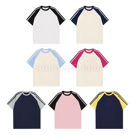 Customization Color - Blocked Three - Stripe Raglan - Sleeve Cotton Short - Sleeve T - Shirt Promotional Products