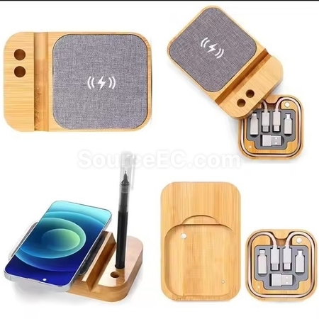 Customization Bamboo Wireless Charging Mobile Phone Holder + Data Cable Promotional Products