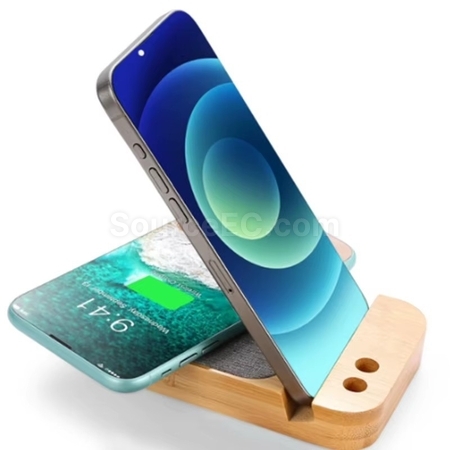 Customization Bamboo Wireless Charging Mobile Phone Holder + Data Cable Promotional Products