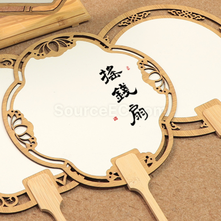 Customization Ancient Style Wooden Hollow Blank Rice Paper Round Fan Promotional Products