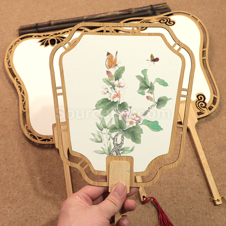 Customization Ancient Style Wooden Hollow Blank Rice Paper Round Fan Promotional Products