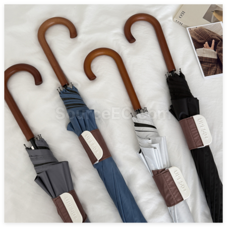 Customization Retro Wooden Handle Black Vinyl Umbrella Promotional Products