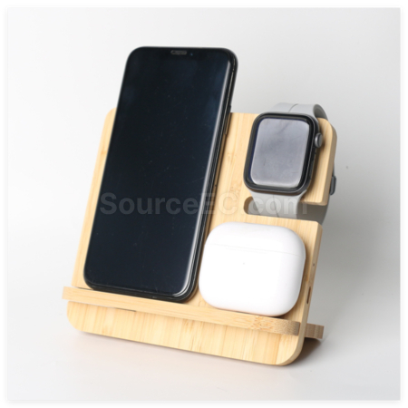 Customization Bamboo And Wood Three-In-One Wireless Charging Stand Promotional Products