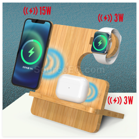 Customization Bamboo And Wood Three-In-One Wireless Charging Stand Promotional Products