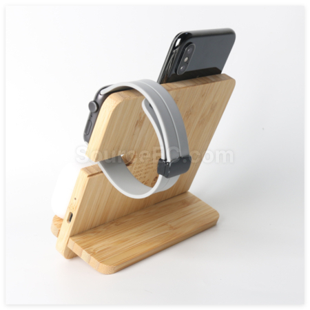 Customization Bamboo And Wood Three-In-One Wireless Charging Stand Promotional Products